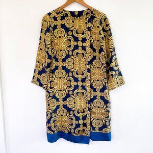 Tibi Blue and Gold Scarf Print Silk Shift Dress, Size 8